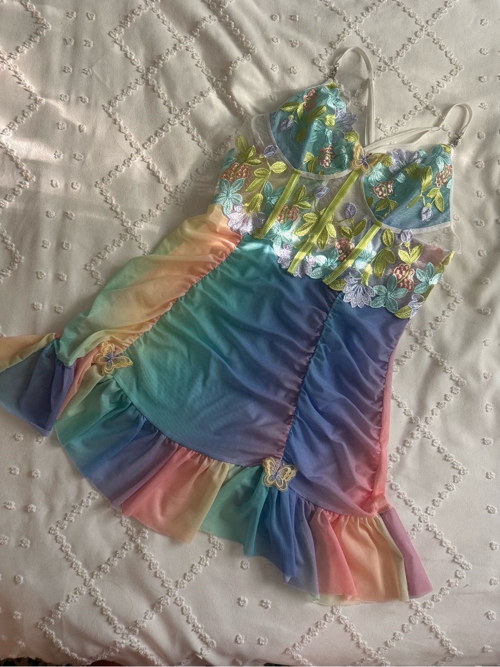 Rainbow Floral Embroidered Mesh Slip Dress